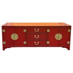 Late 20th-C. Ming Style Red Lacquer & Brass Credenza / Media Cabinet By Sligh 