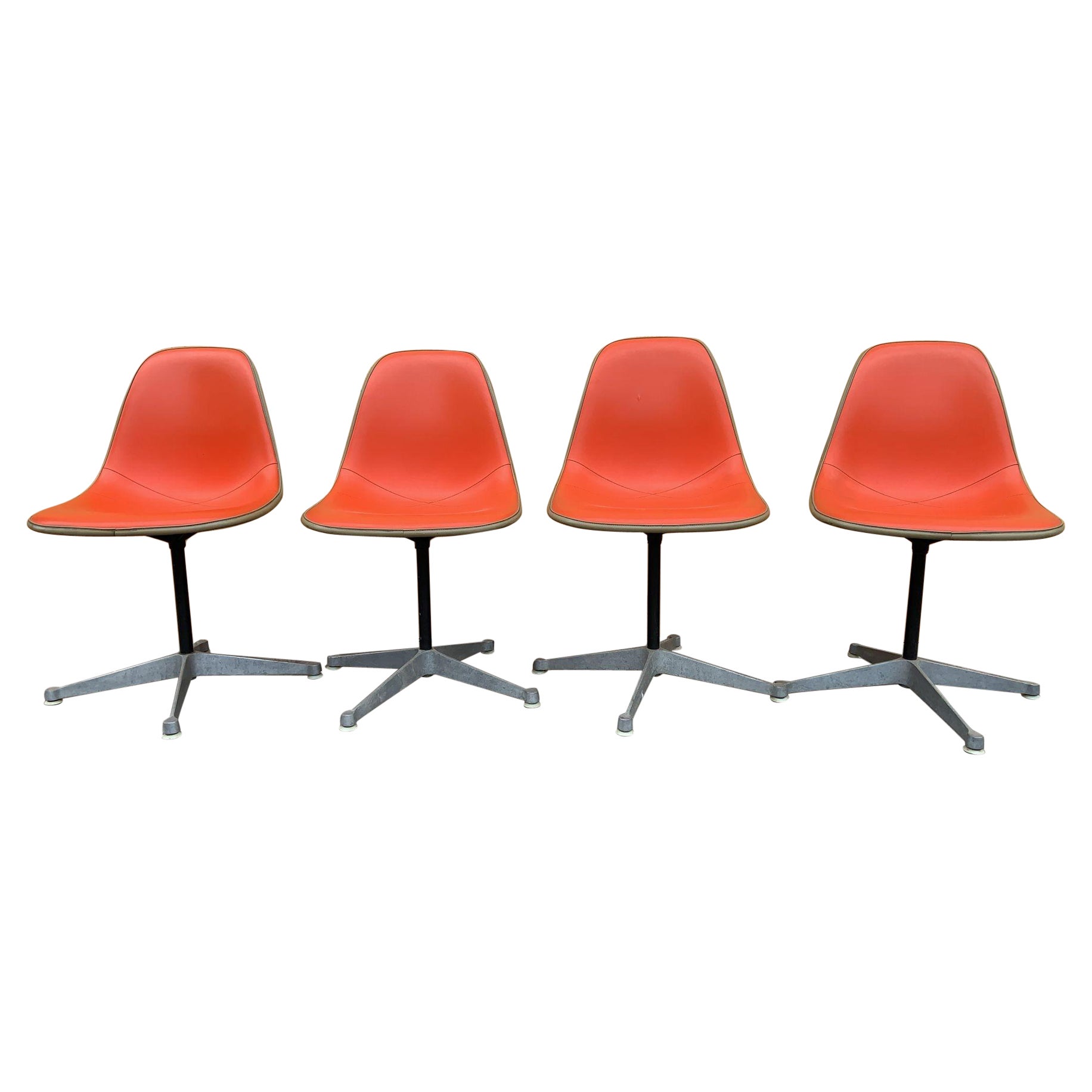 Mid-Century Herman Miller Swivel Shell Chairs in Red Orange Vinyl - Set of 4 For Sale