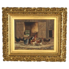 Antique Austrian School Oil Painting of Chickens In Barnyard, Signed Johnson