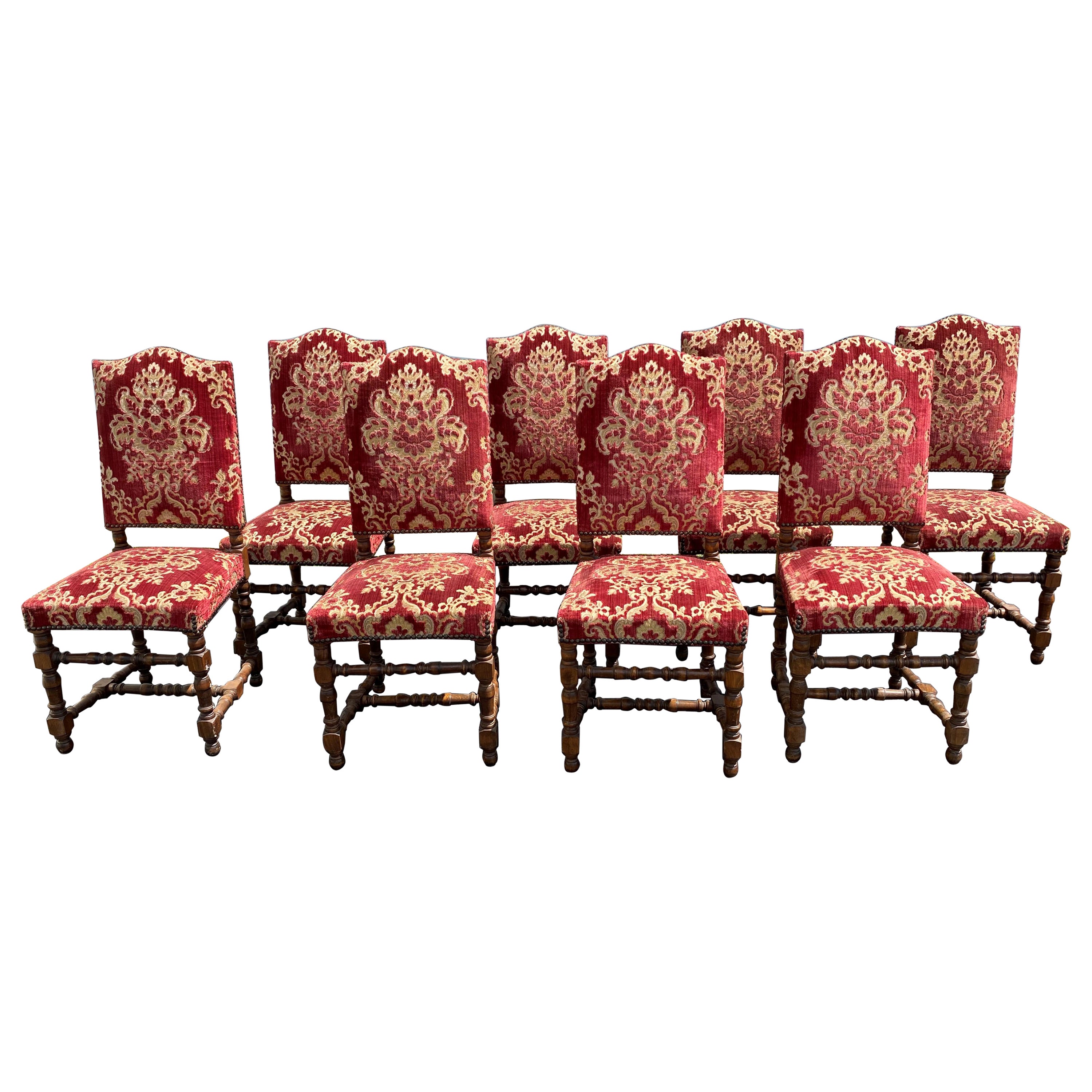 Set of Eight Louis XIII Style Walnut Upholstered Side Chairs