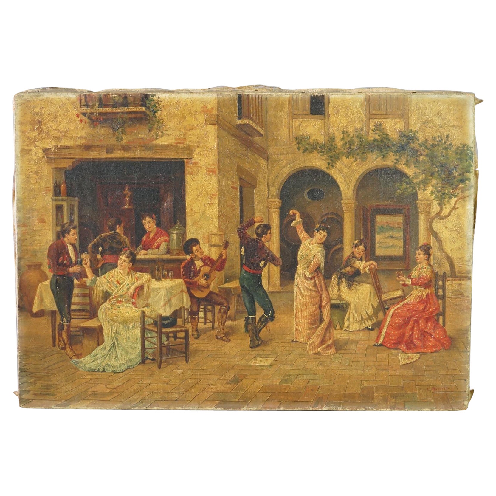 Antique Oil on Canvas Genre Painting of Spanish Courtyard with Dancing, c1920 For Sale