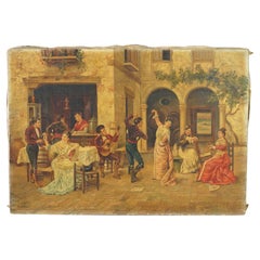Ancienne peinture à l'huile sur toile de genre d'une cour espagnole avec danse, vers 1920