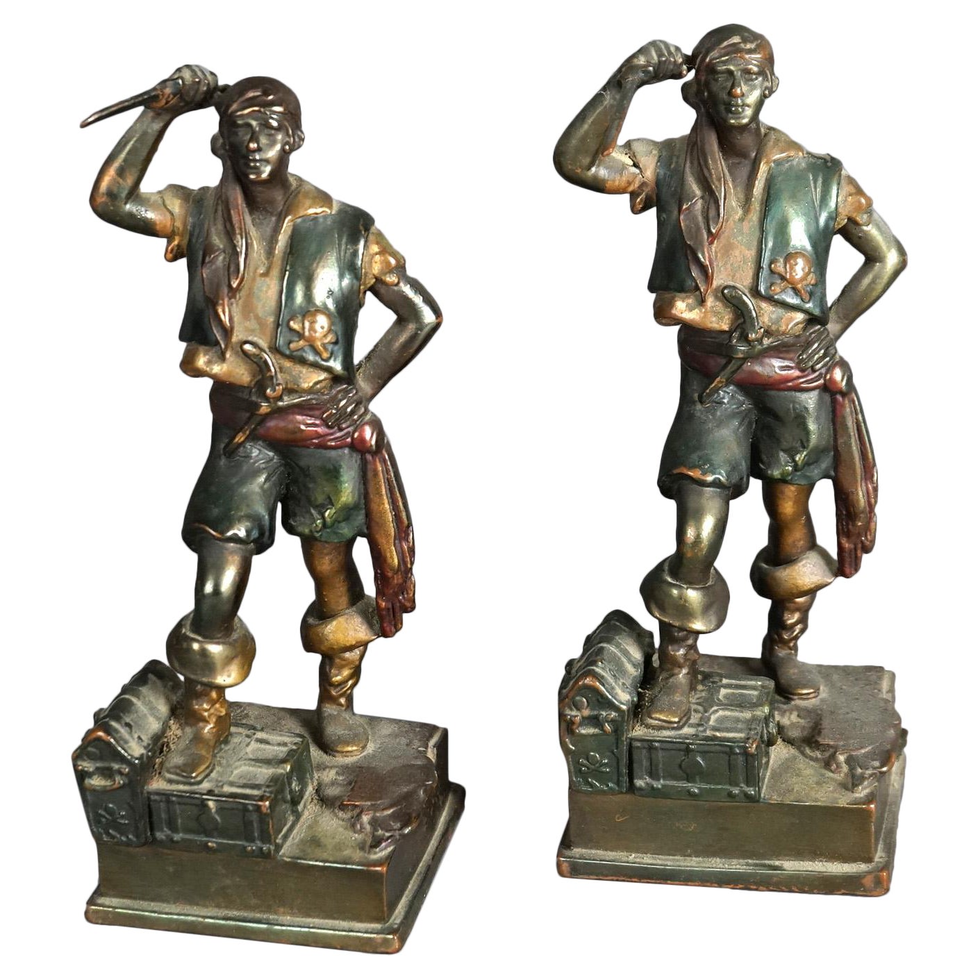 Antique SetFrankart School Pompéian Polychrome Cast Bronze Pirate Bookends c1920