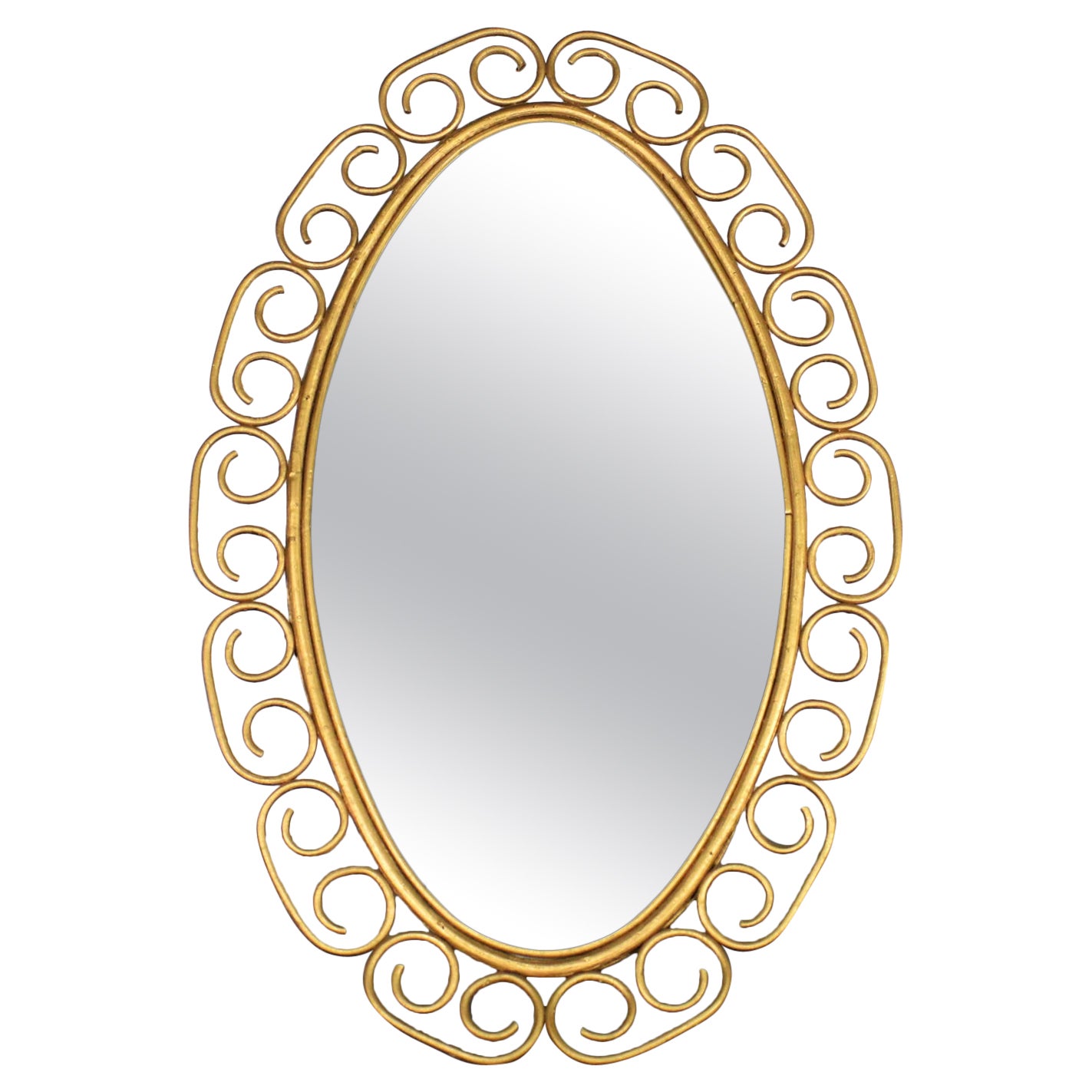 1960-1970 Hollywood Regency Bohemian Free Standing Mirror Gold Painted Wicker 