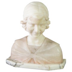 Antique Carved Two-Tone Alabaster & Onyx Neoclassical Sculpture of a Girl c1910