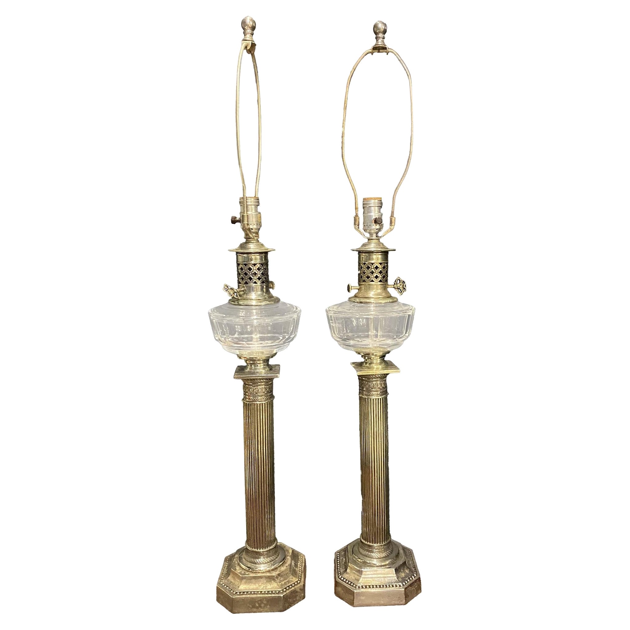 1920s Silver Plated Empire Column Table Lamps For Sale