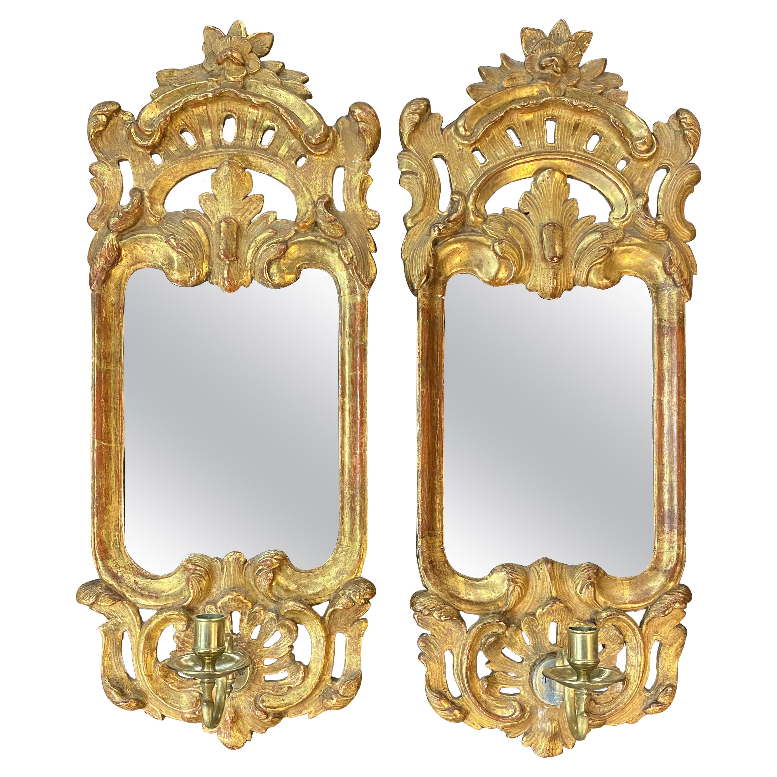 Exceptional 18th c Pair of Gilded Girandole Mirrored Sconces, Likely Swedish For Sale