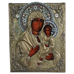 Antique Russian Enameled Brass & Wood Icon Portrait of Mary & Christ Child c1900