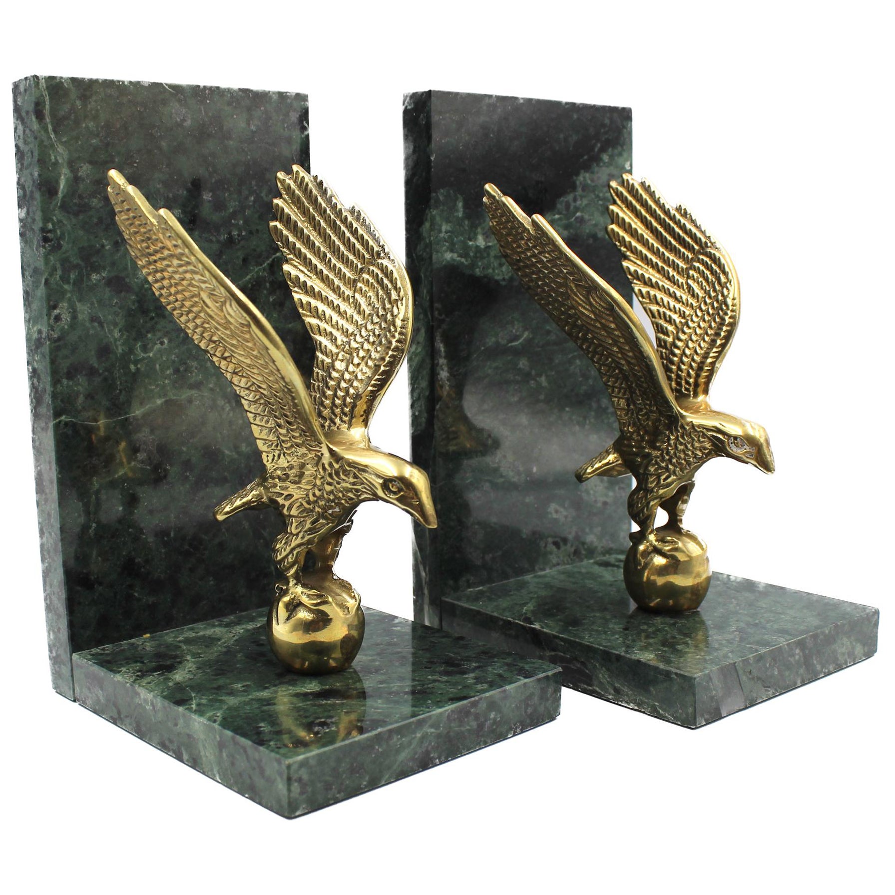 Vintage Brass and Green Marble Eagle Bookends For Sale