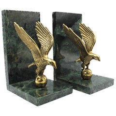 Used Brass and Green Marble Eagle Bookends