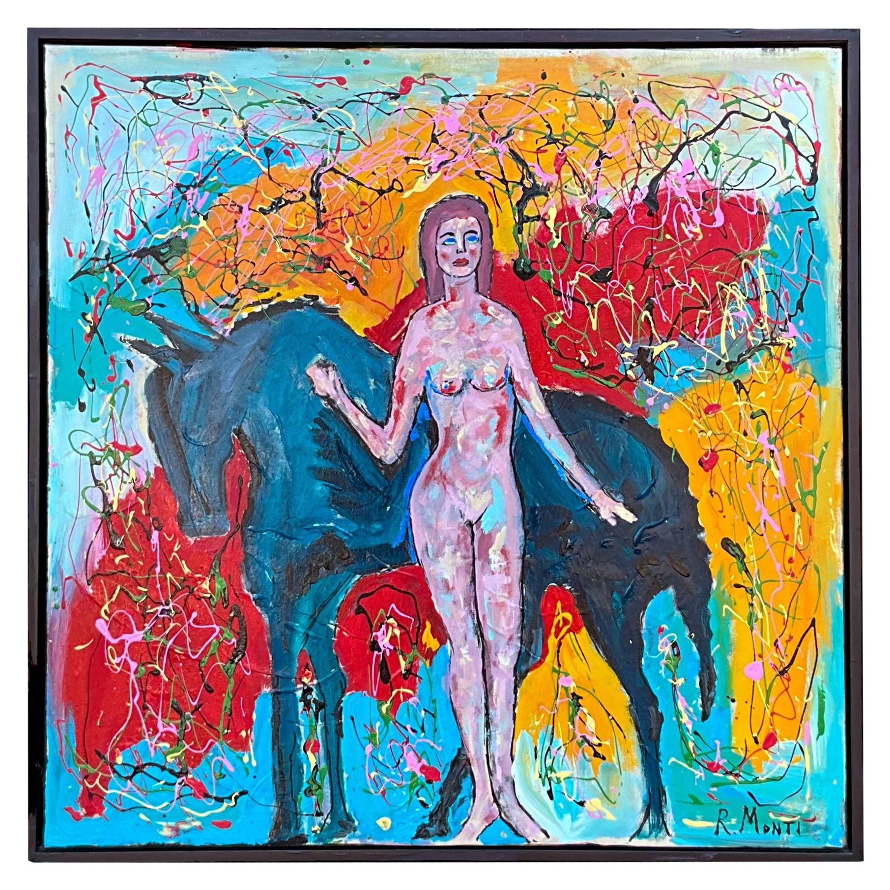 Grande huile sur toile abstraite moderne encadrée et signée, représentant une femme nue avec un cheval 