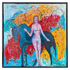Large Signed Framed Modern Abstract Oil On Canvas - Female Nude W/ Horse Art 
