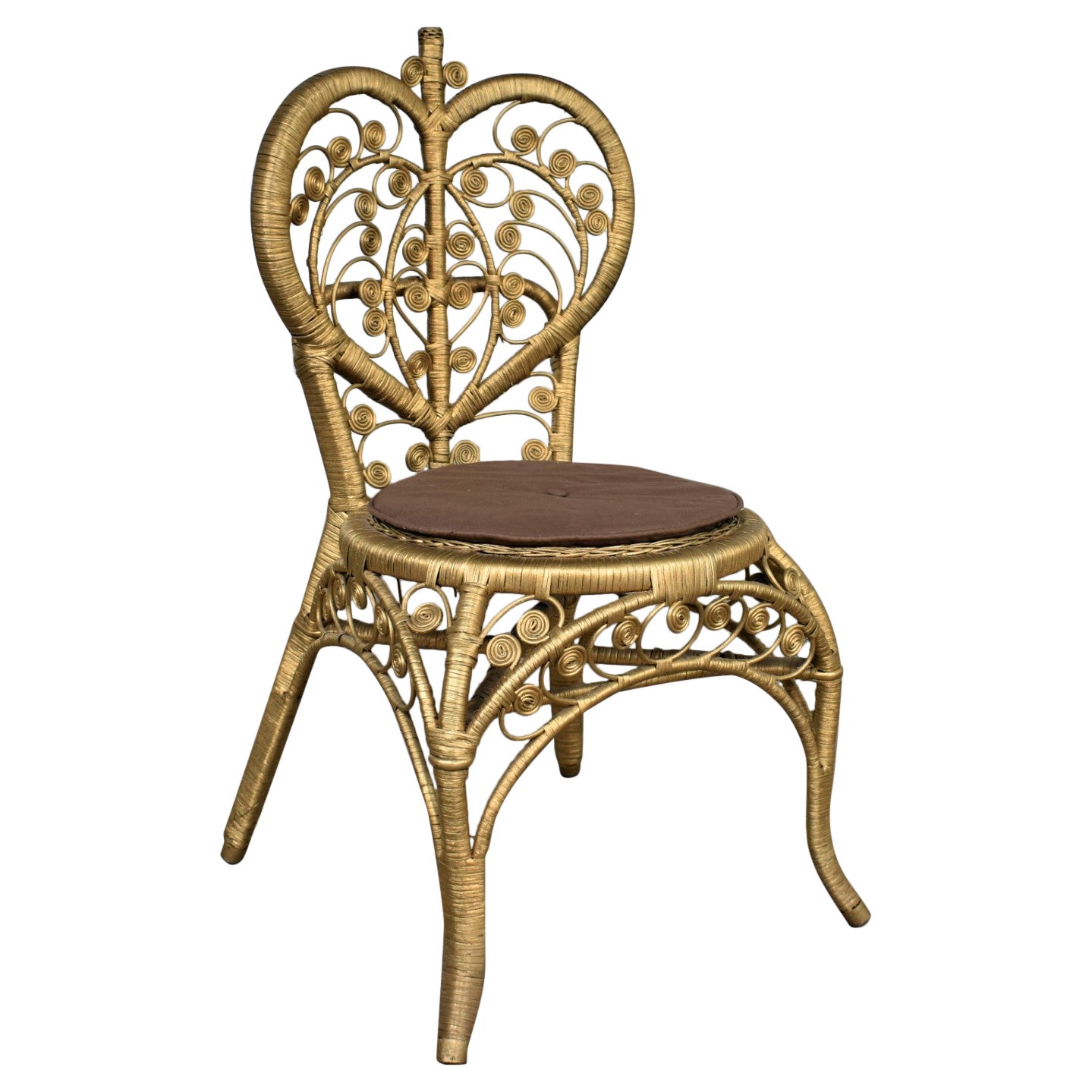 1960-1970’s Hollywood Regency Bohemian Gold Wicker Accent Chair Heart Shape Back