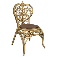 Retro 1960-1970’s Hollywood Regency Bohemian Gold Wicker Accent Chair Heart Shape Back