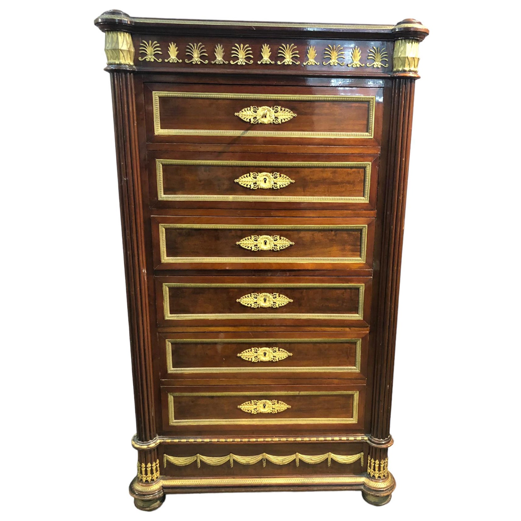 19th C. French Empire Style Ormolu Mounted Semainier Tall Chest For Sale