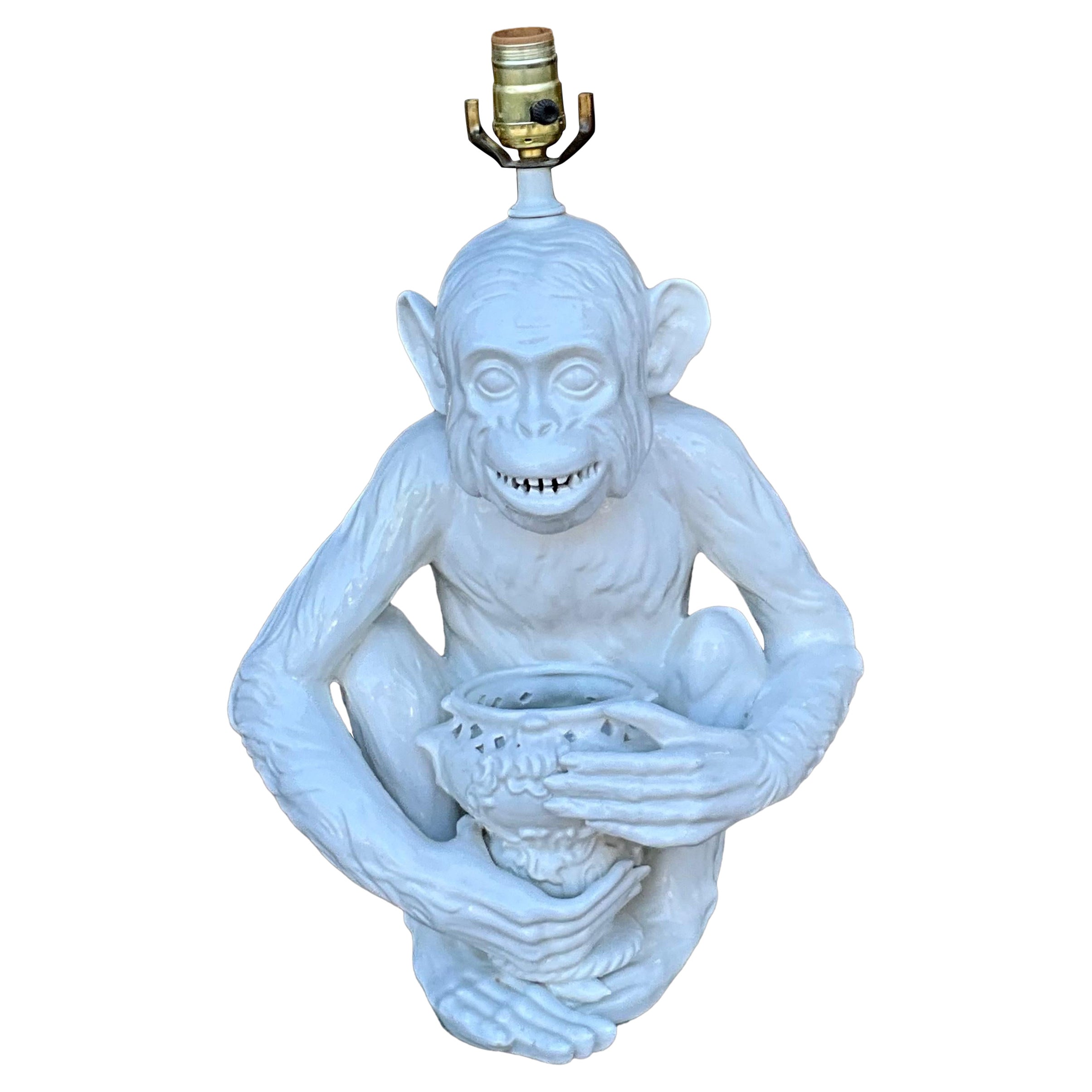 1970s Blanc De Chine Style Italian Ceramic Tropical Monkey Table Lamp For Sale