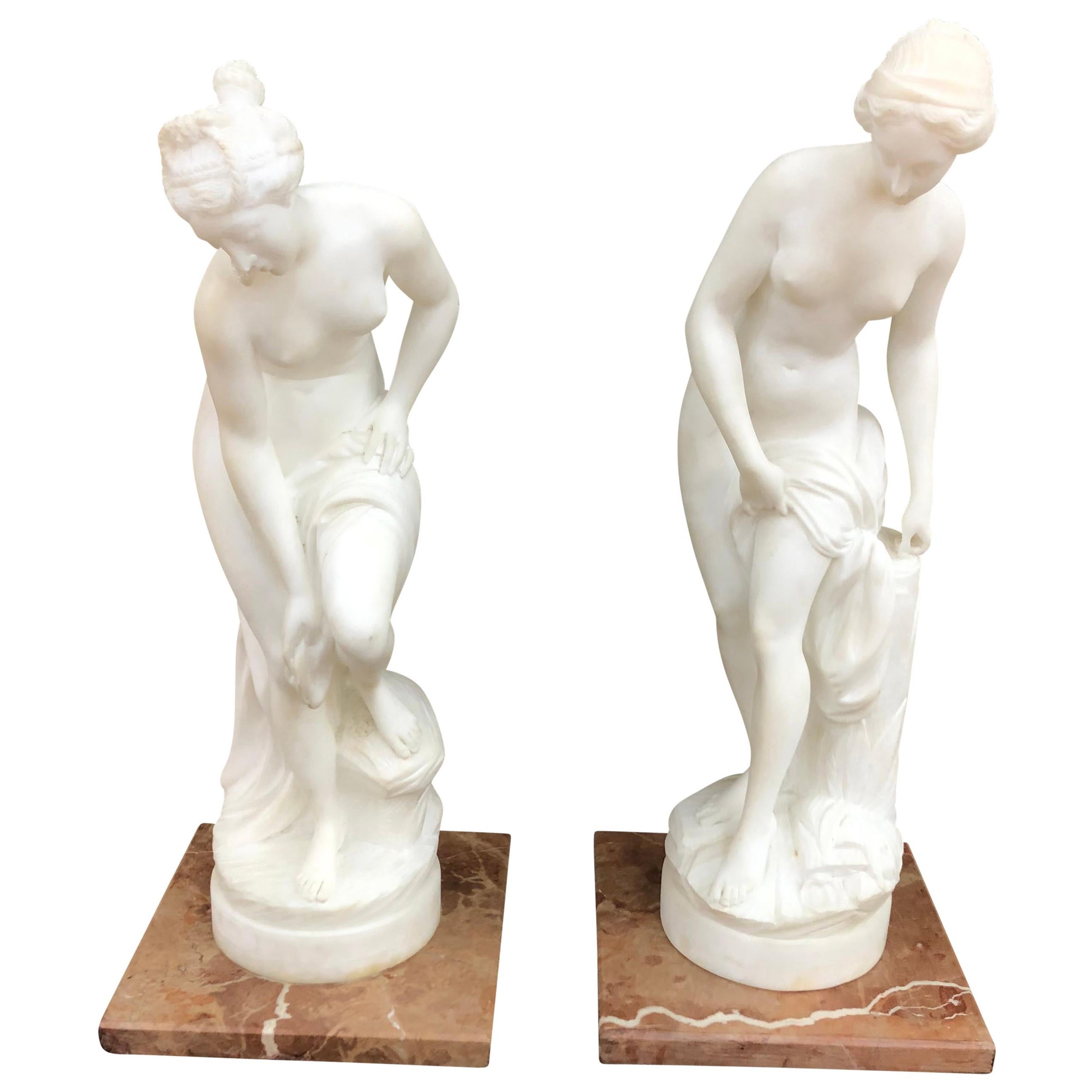 Pair of Antique Italian Marble Sculpture of Classical Female Nude Figures