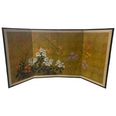 Japanese Asian Signed Four-Panel Folding Byobu Showa Floral Landscape Screen