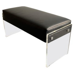 Vintage Lucite, Chrome & Black Leather Bench with Storage Compartment, 1970s