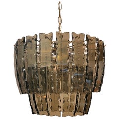 Vintage Fontana Arte Two Tier Smoked Etched Glass Chandelier