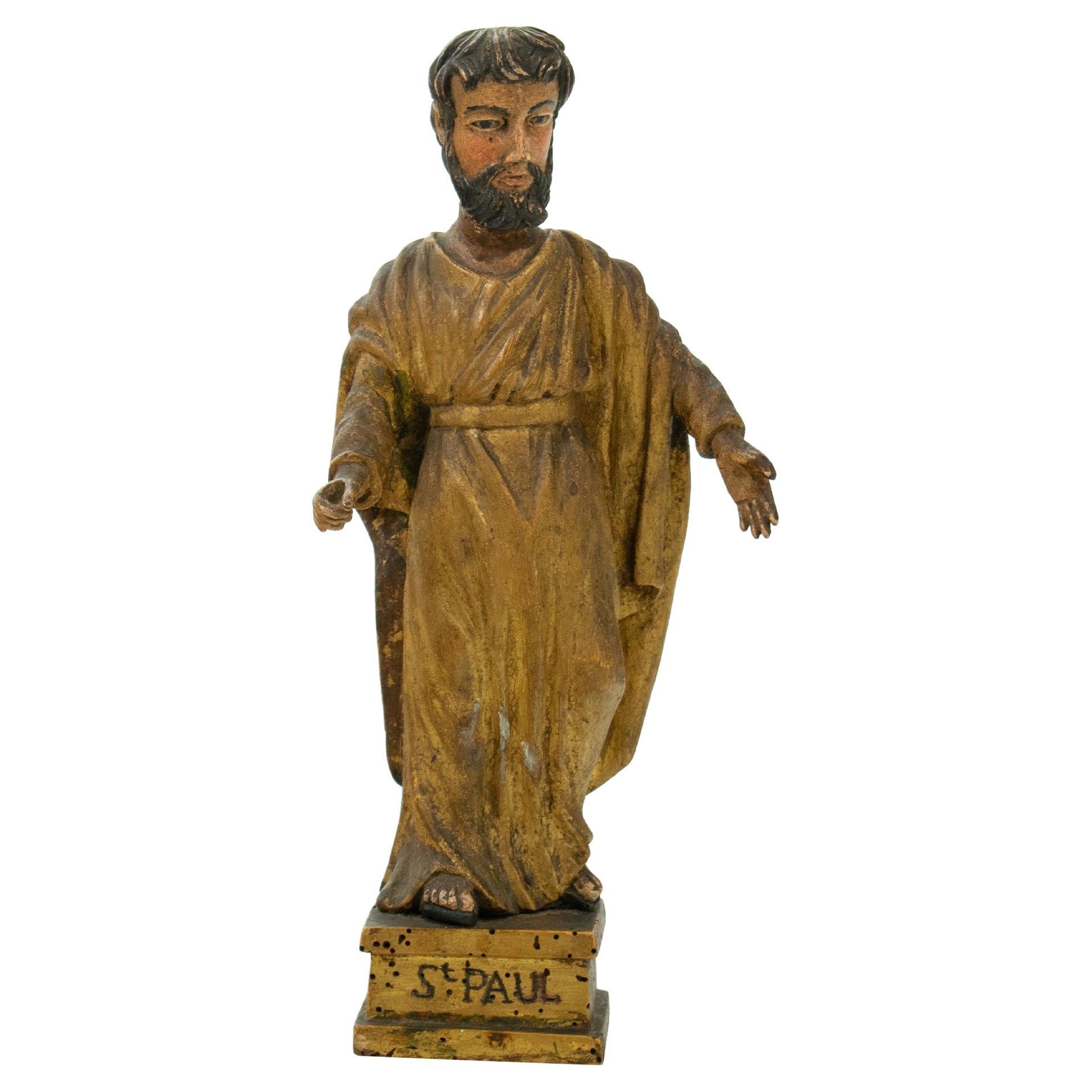 SAINT PAUL: Statuette aus geschnitztem und vergoldetem polychromem Holz, spätes 18. Jahrhundert im Angebot