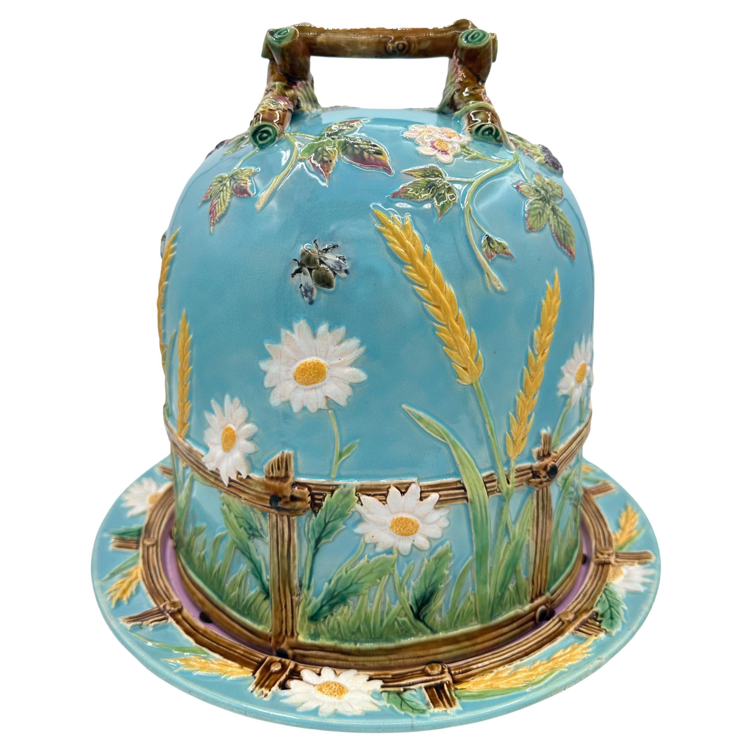 A Large George Jones Majolica Cheese Bell with Daisys, Bees and Fence, ca. 1878 For Sale