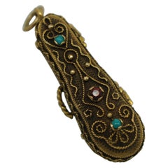 14k Gold Ruby Turquoise Violin & Case 3D Necklace Pendant Charm 1.5" 10g