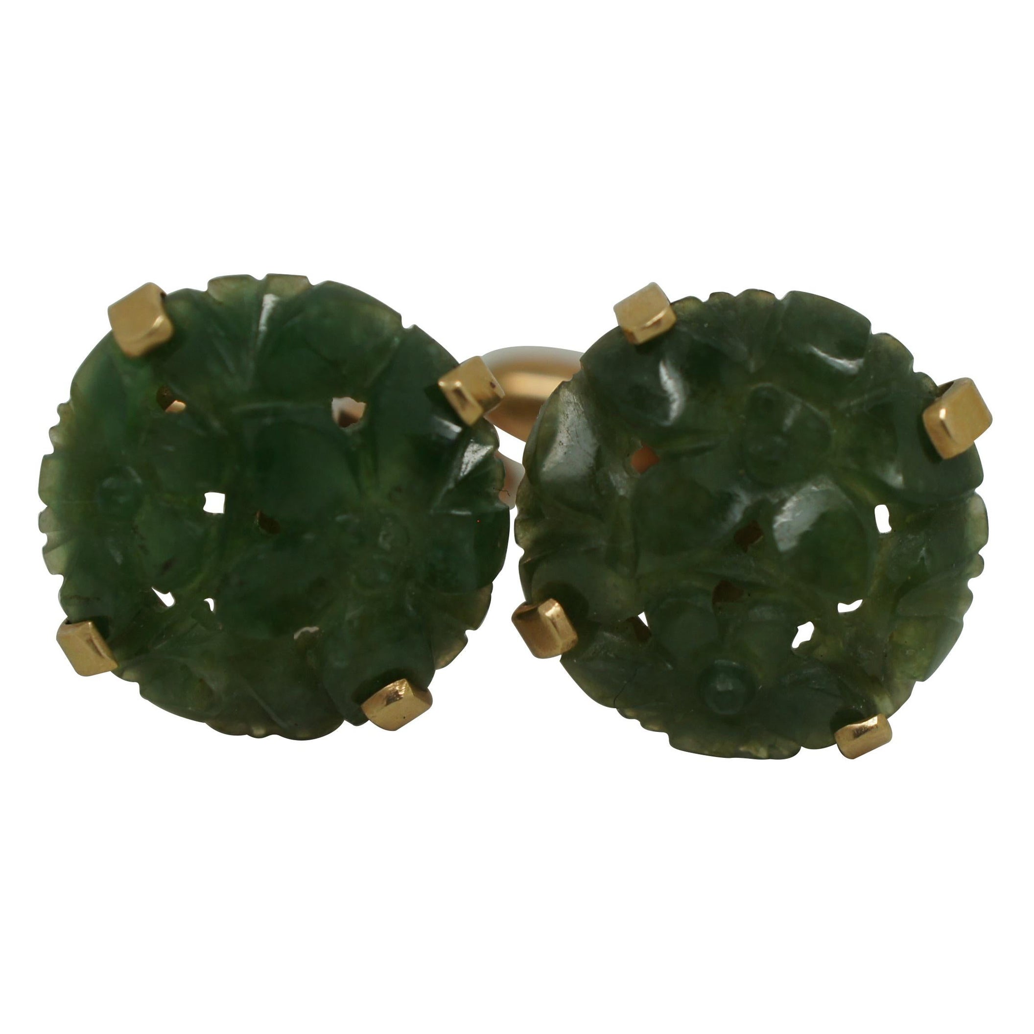 Vintage Correct 10k Yellow Gold Carved Green Jade Cufflinks 7g For Sale