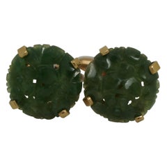 Boutons de manchette vintage Correct en or jaune 10 carats et jade vert sculpté, 7 g