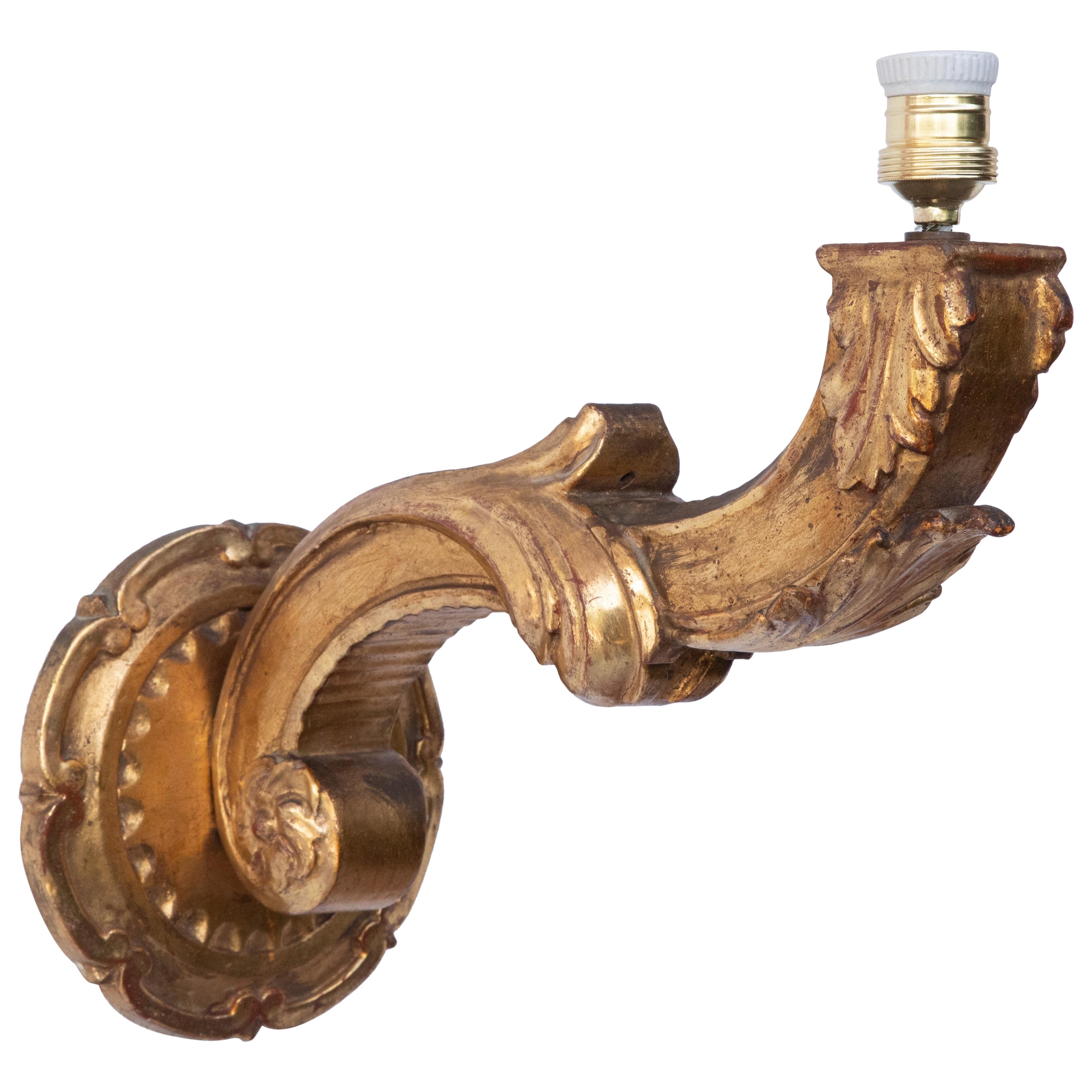 19th Century Classic Baroque Style Wall Lamp Gold painted wood, 1880 For Sale