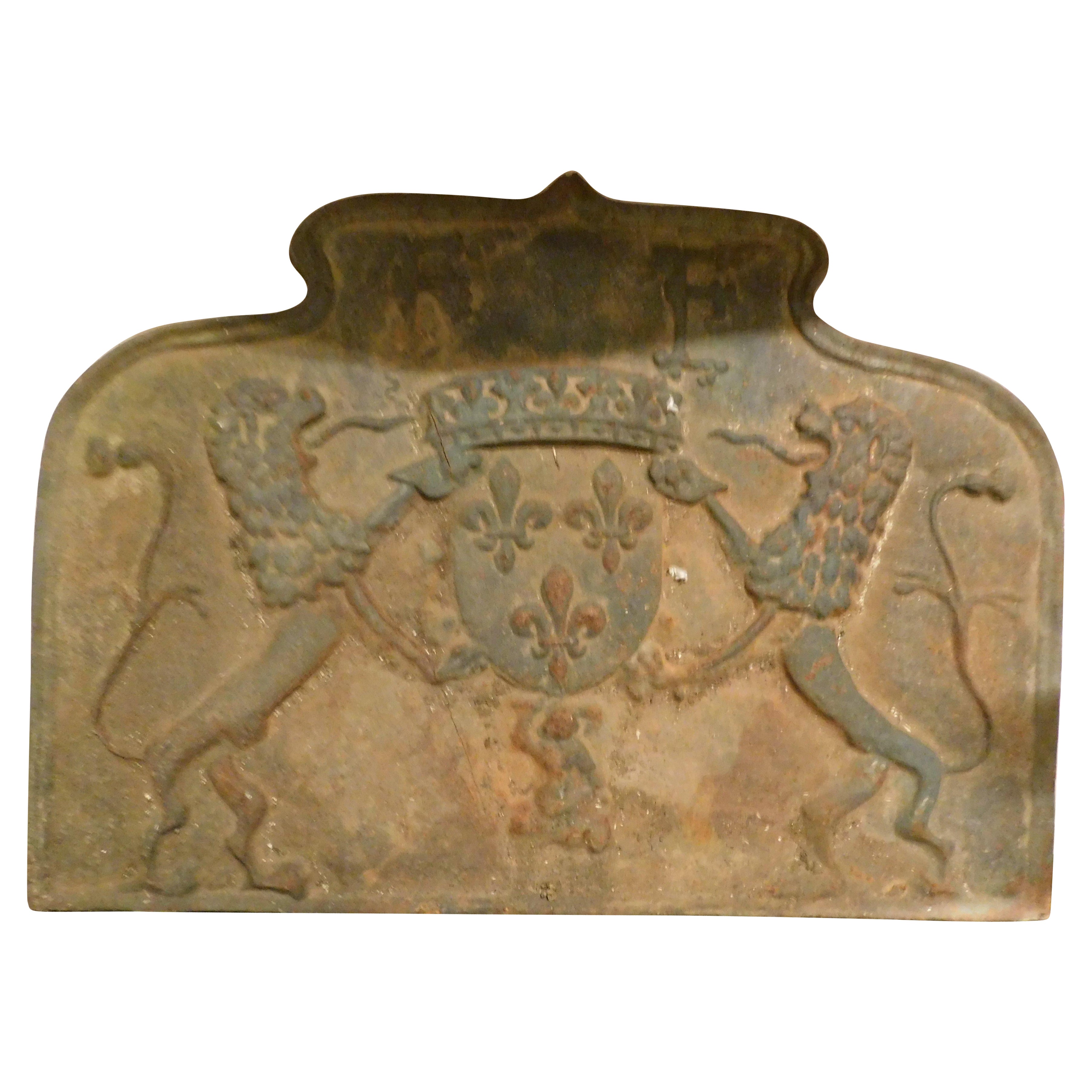 Large cast iron fireplace backplate, carved with noble coat of arms, Italy For Sale
