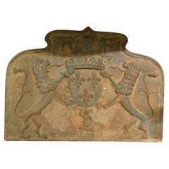 Used Large cast iron fireplace backplate, carved with noble coat of arms, Italy