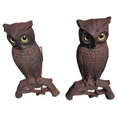 Arts & Crafts Figural Owl Andirons C1920 by Howe Boston