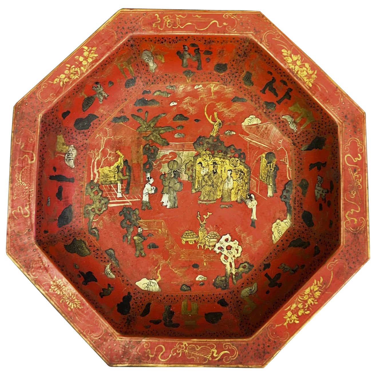 Large Scale Red Chinese Export Style Chinoiserie Pottery Platter / Bowl