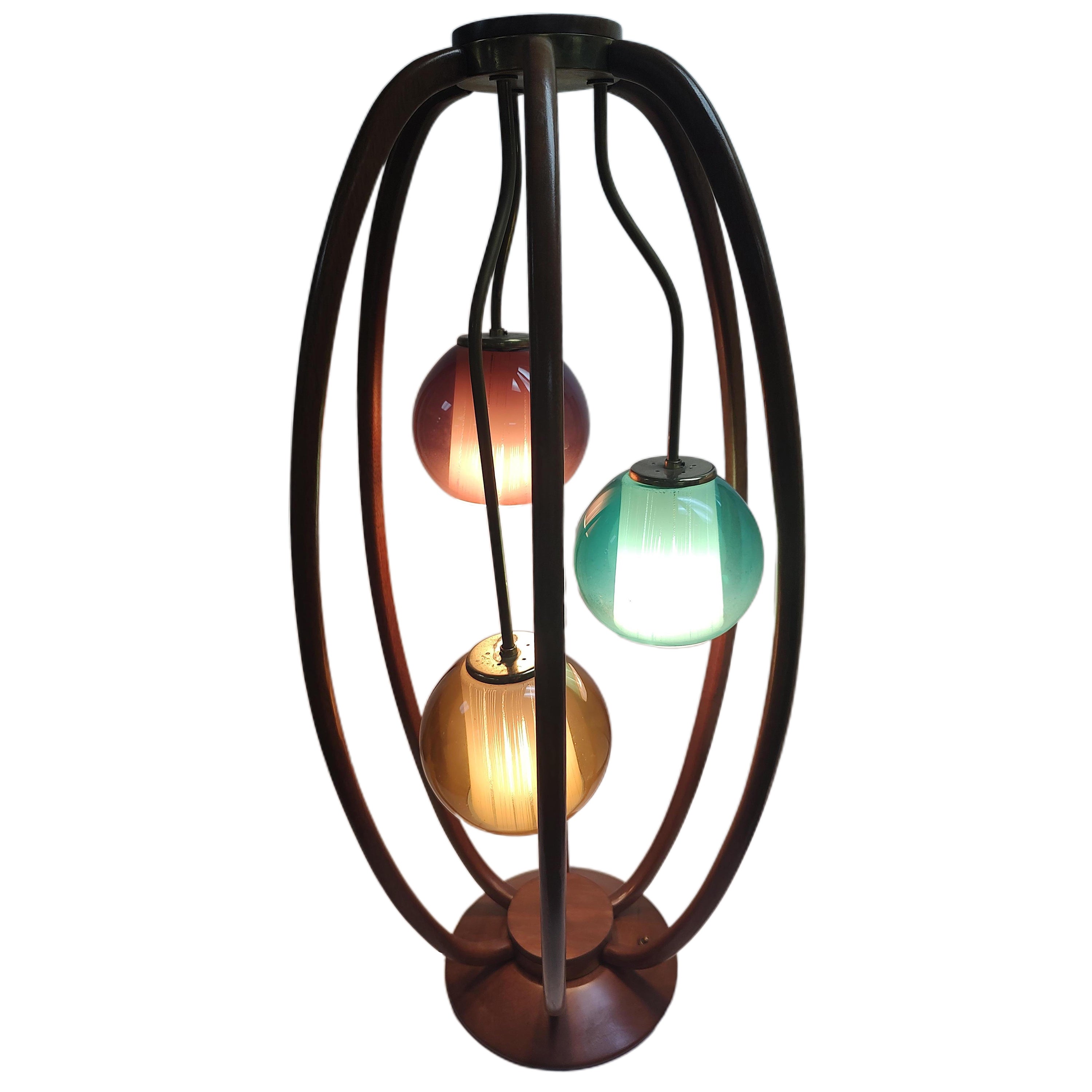 Mid Century Modern Sculptural Walnut 3 Light Multi Colored Danish Table Lamp 