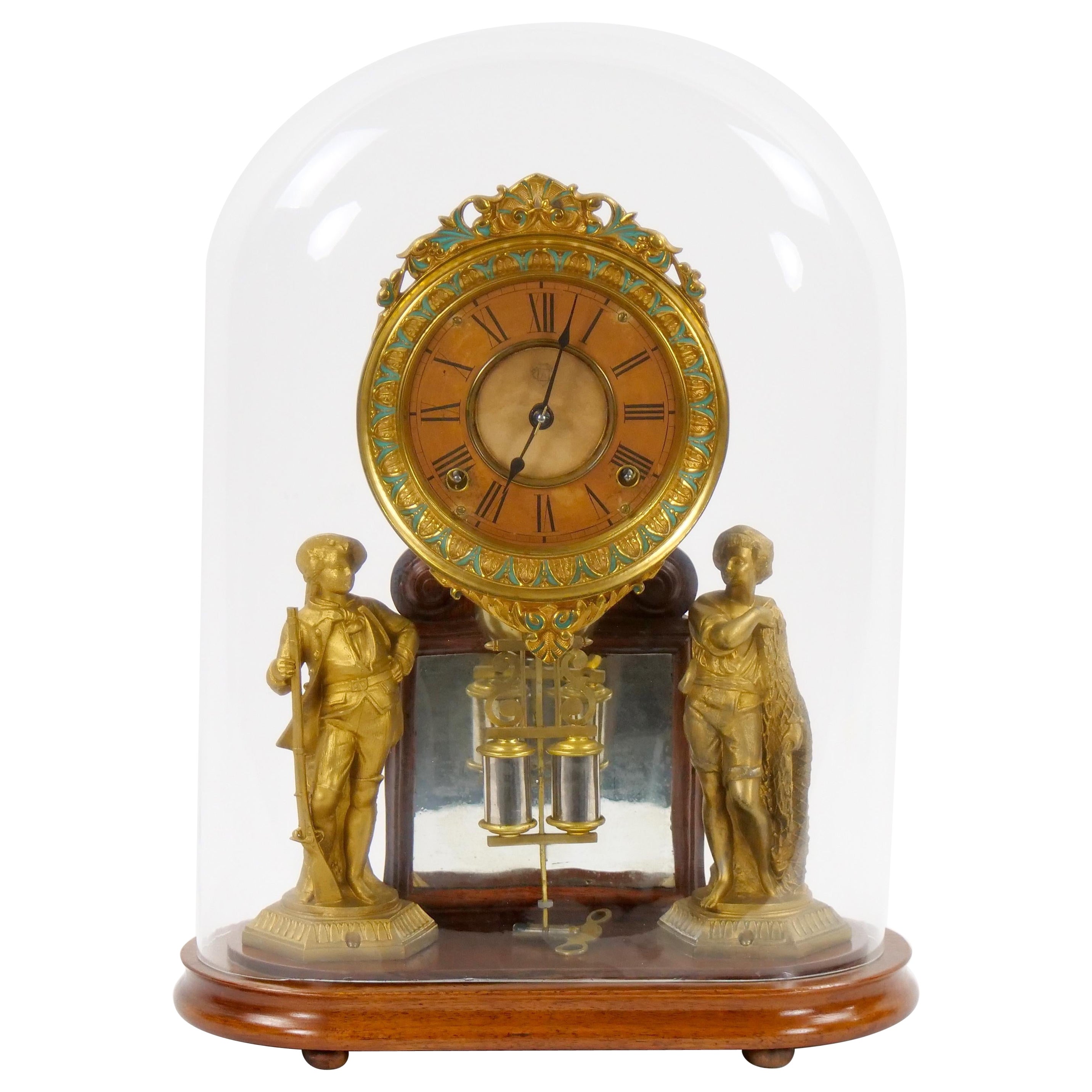 Glass Dome Bronze / Porcelain Face Ansonian Crystal Palace Mantel Clock For Sale