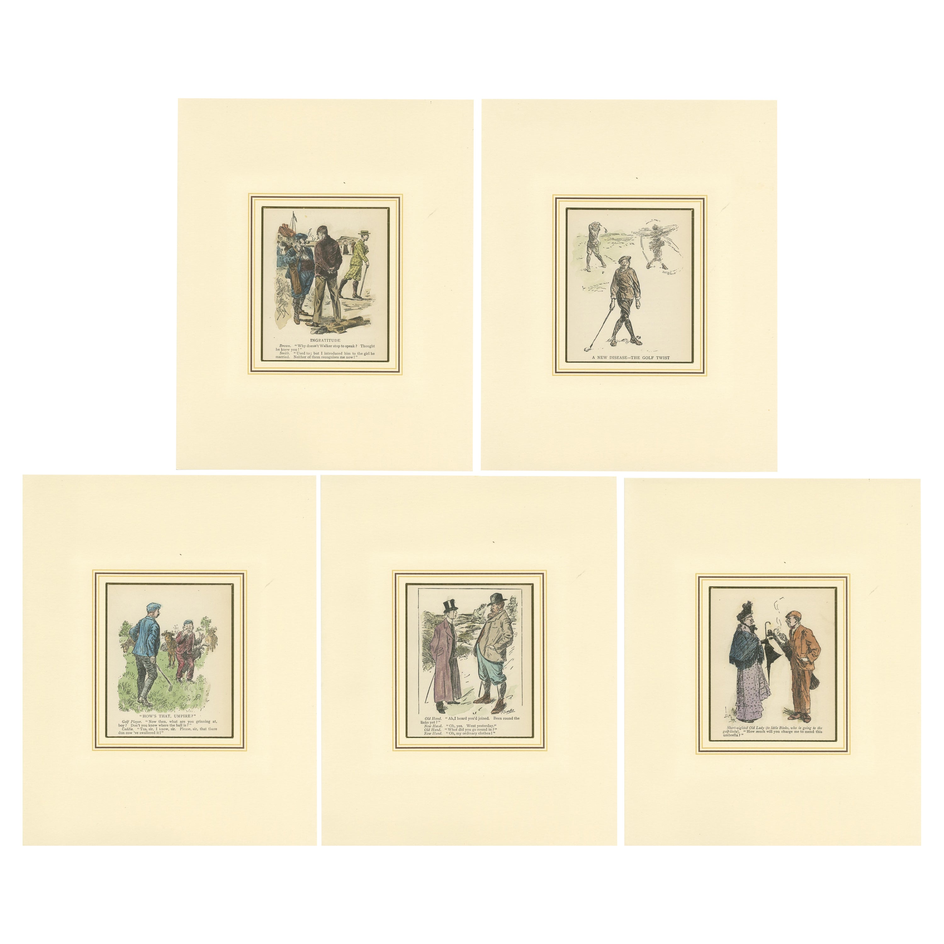 Set of 5 Original Antique Prints of Golf Scenes For Sale