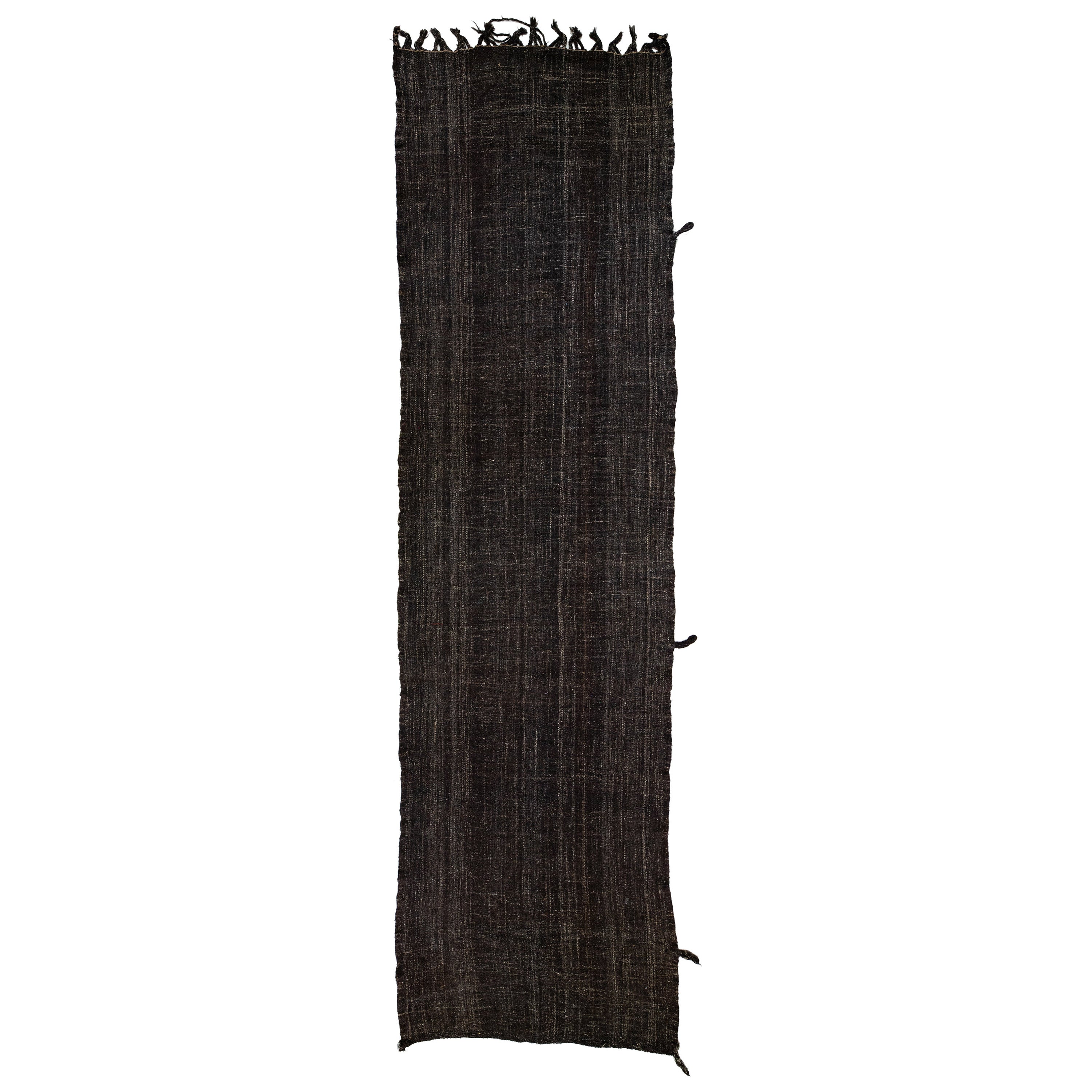  Long Vintage Dark Brown Solid Mid-Century Modern Style Kilim Wool Runner For Sale