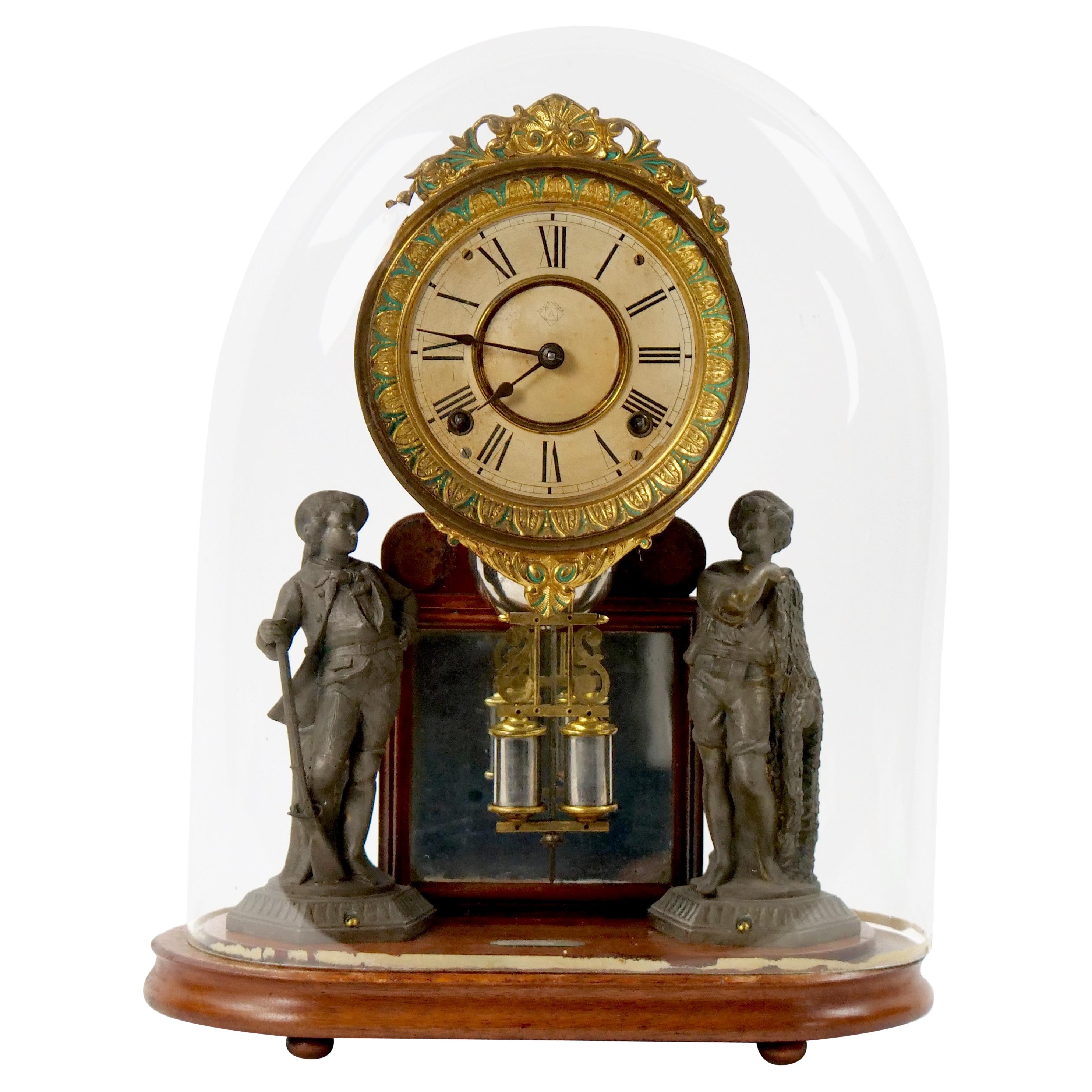 Glass Dome Bronze / Wood Base Porcelain Face Mantel Clock For Sale
