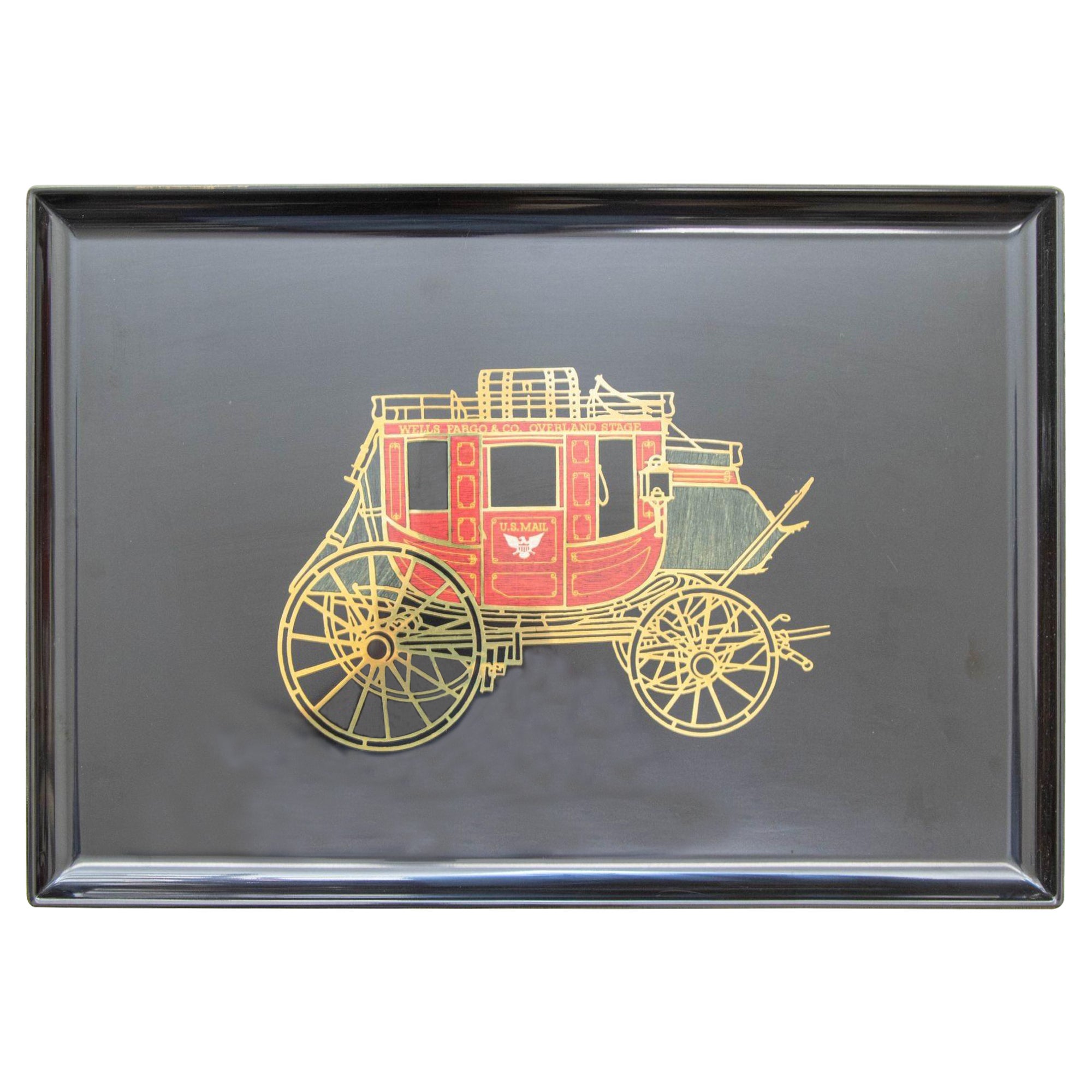 1960s Vintage Couroc of Monterey Black Tray Featuring the Wells Fargo Stagecoach For Sale