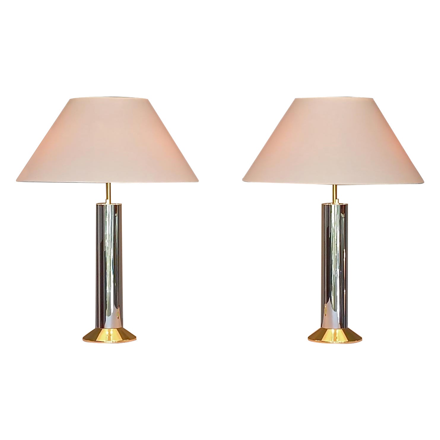 Large Pair Italian Table Lamps Rizzo Rega Crespi Style Chrome Gilt Brass 1970s