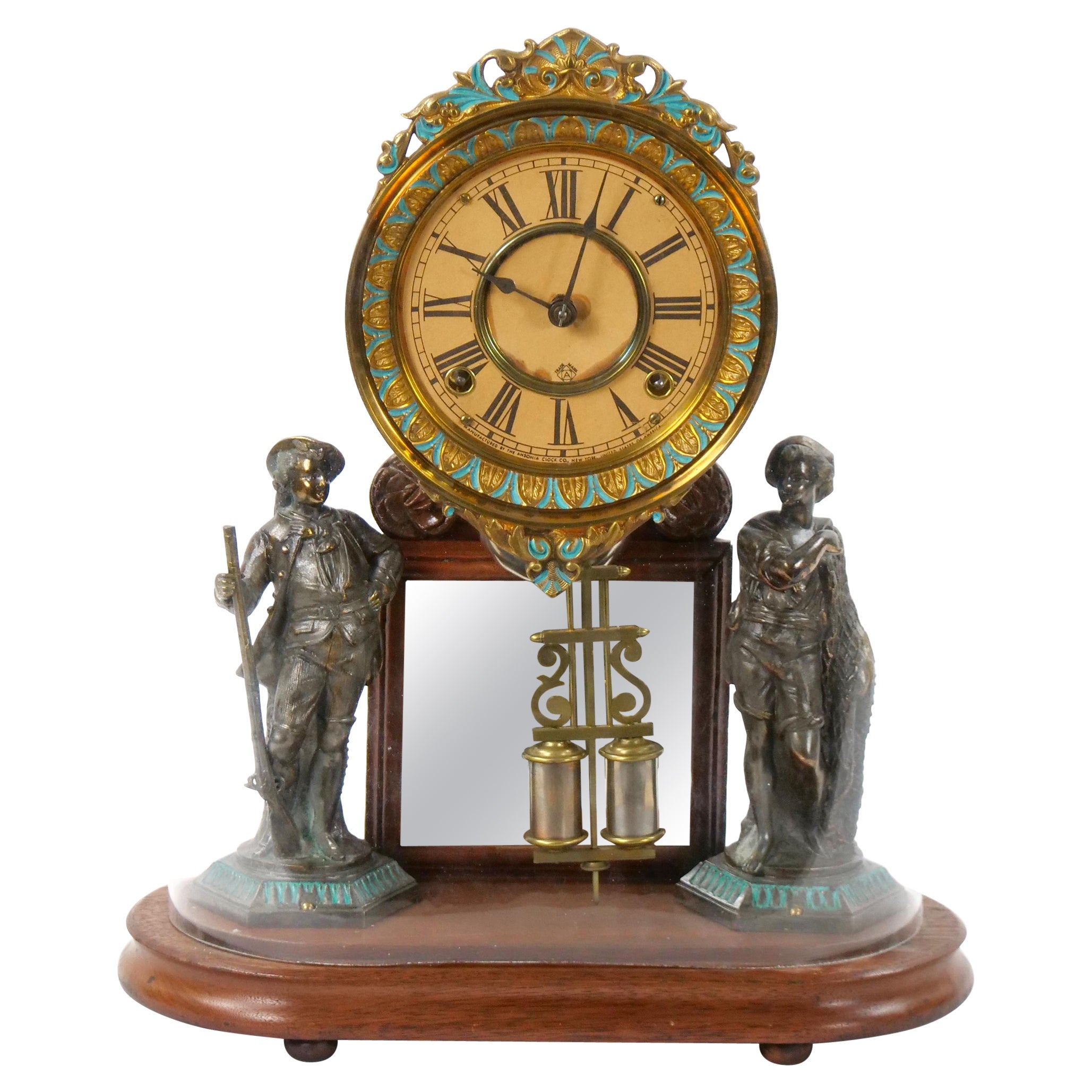 Glass Dome Bronze / Wood Base Porcelain Face Mantel Clock