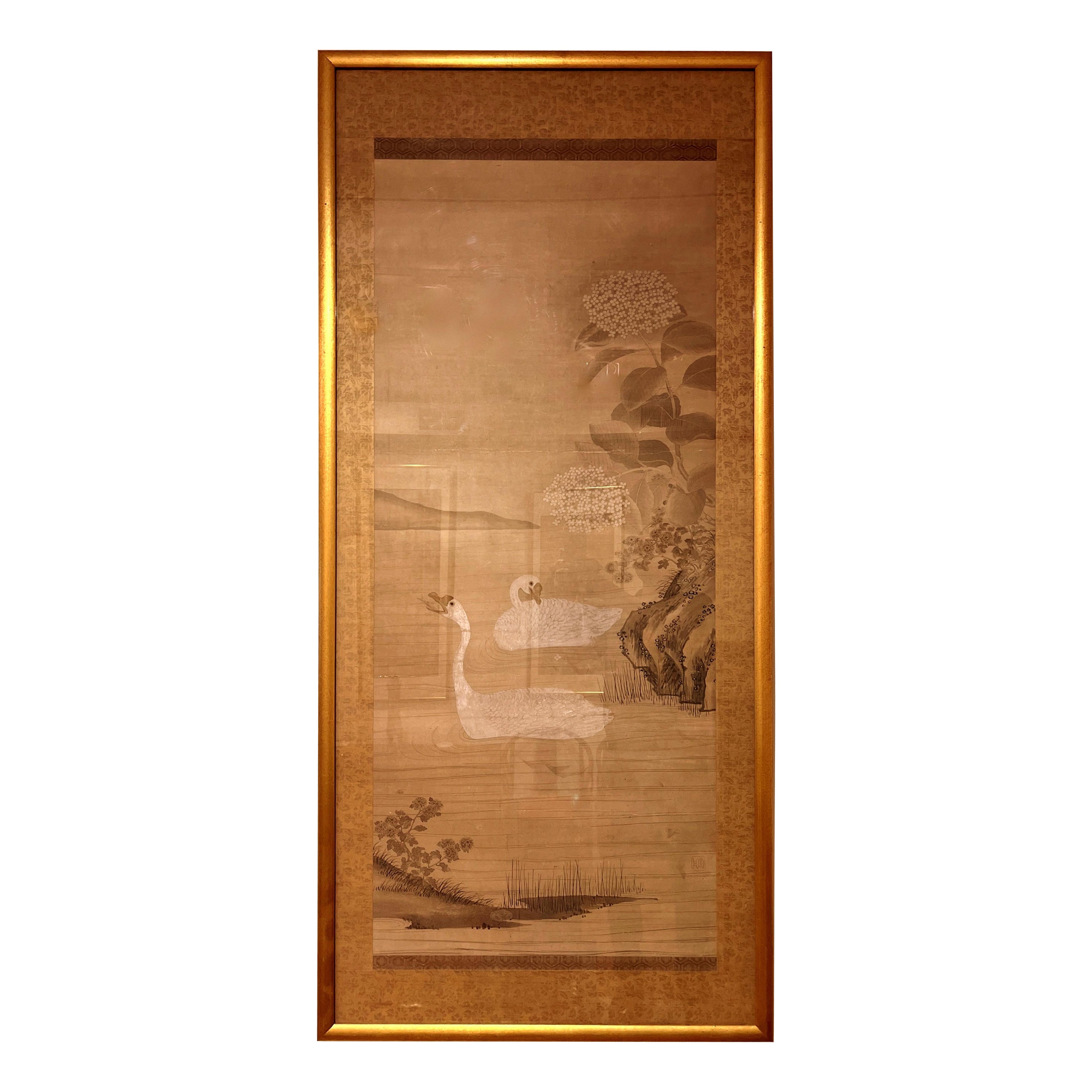 Framed Japanese Brush Painting of Two White Geese Swimming in a Pond