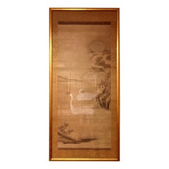 Antique Framed Japanese Brush Painting of Two White Geese Swimming in a Pond