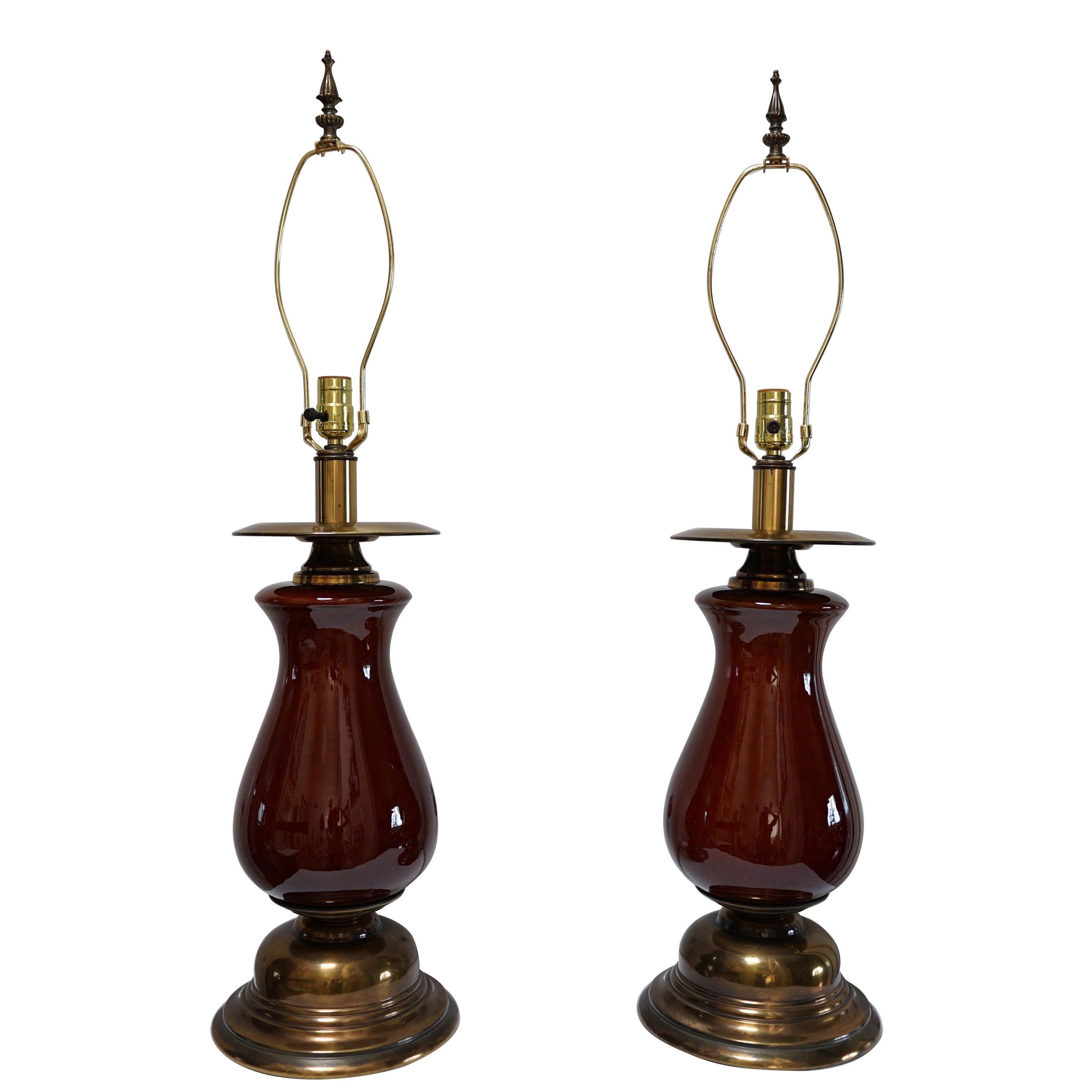 Polished Contemporary Brass and Bordeaux Glazed Ceramic  Lamps