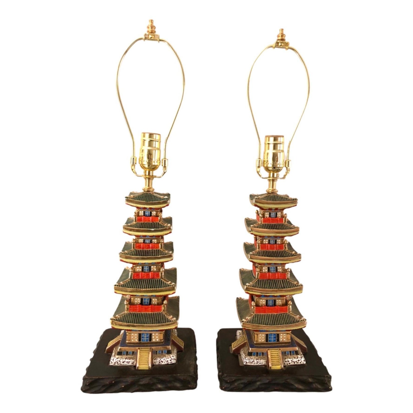 Pair of Japanese Pagoda Form Porcelain Lamps For Sale