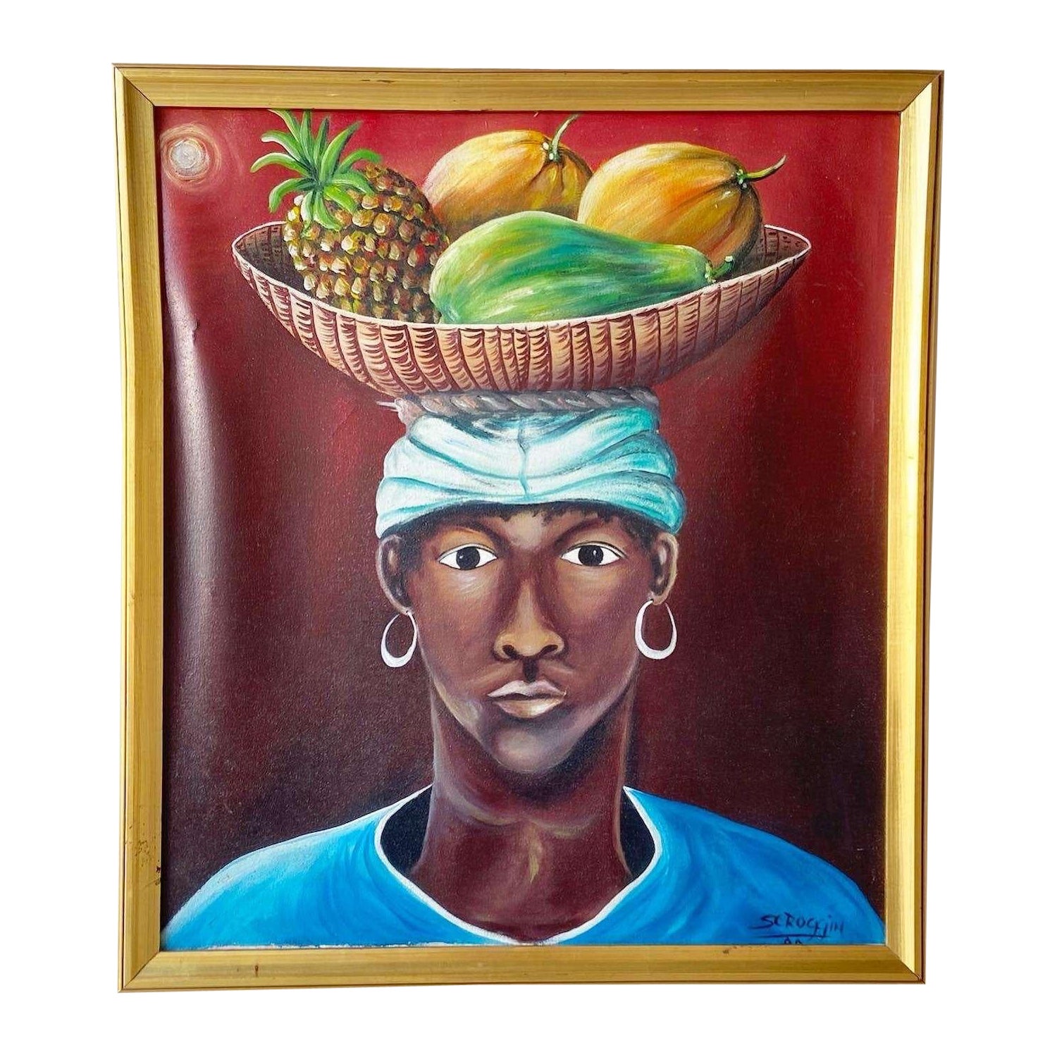 Peinture à l'huile originale encadrée représentant une femme des Caraïbes avec un bol de fruits par Scroggin en vente