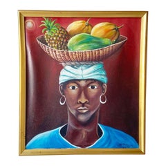 Vintage Original Framed Oil Painting of Caribbean Woman With Fruit Bowl by Scroggin