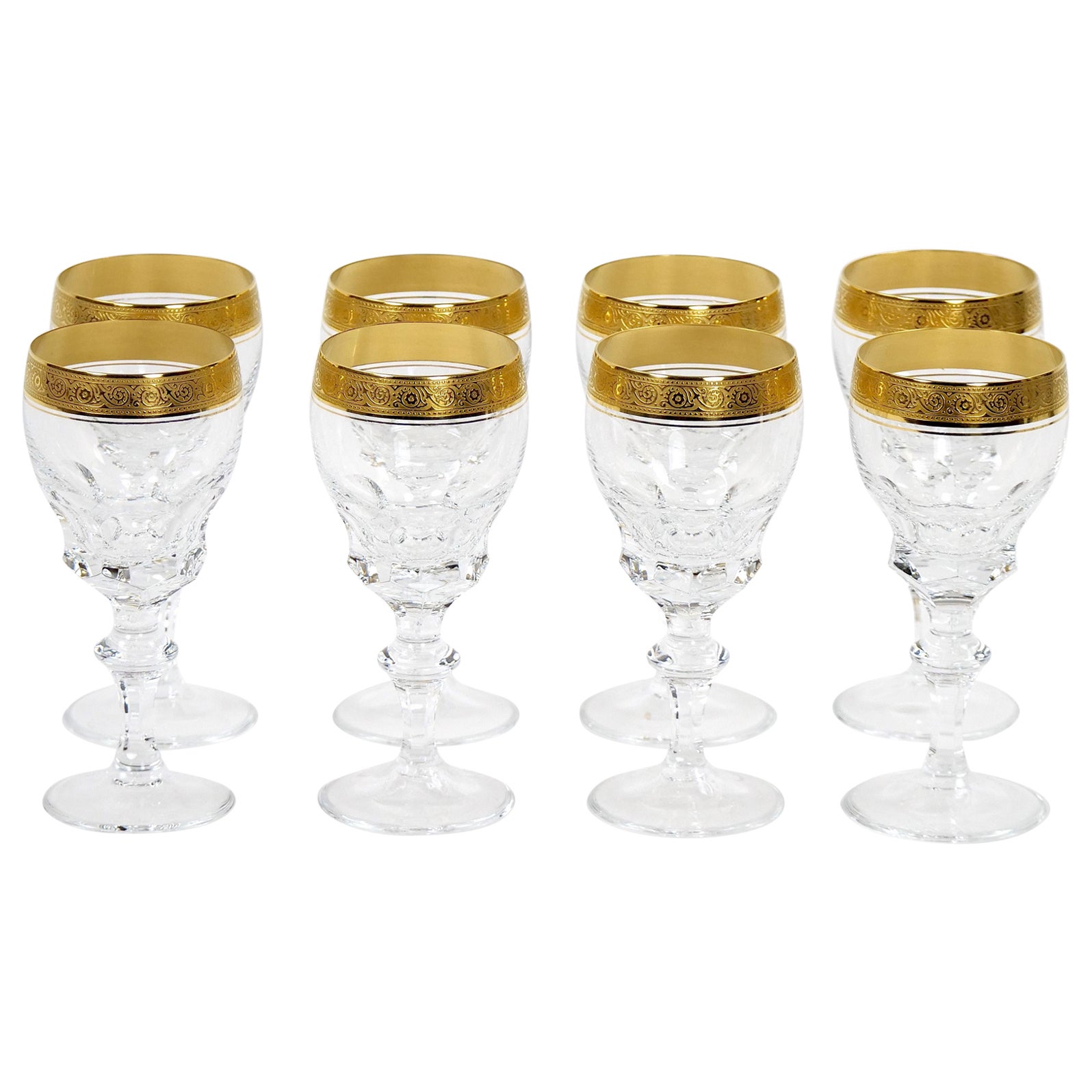 Cut Crystal Double Trim Gold Decorated Tall  Wine / Water Service / 8 People For Sale