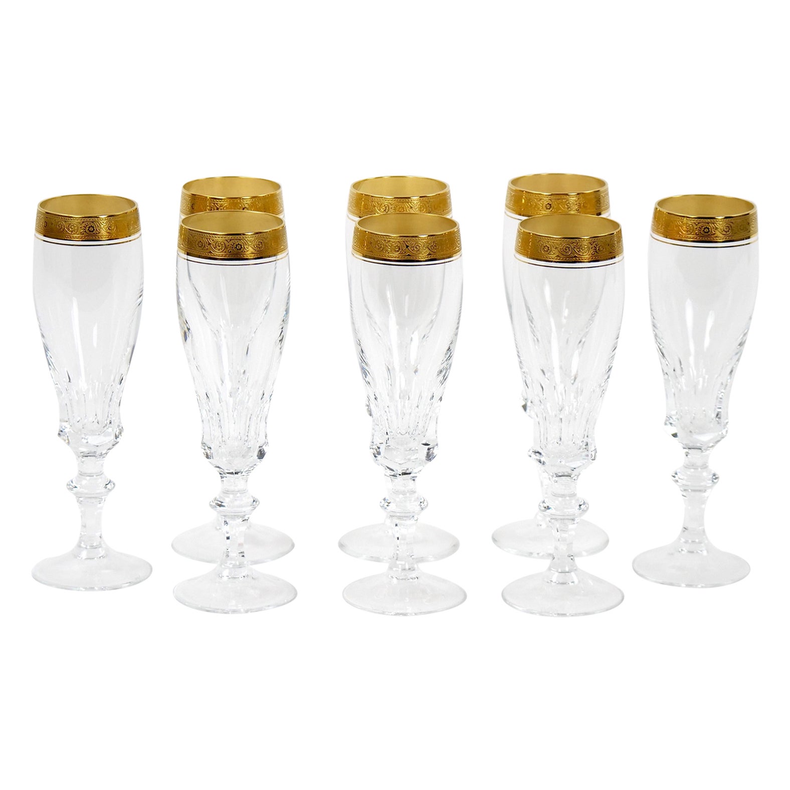 Cut Crystal Double Trimmed Gilt Gold Decorated Champagne Flute / 8 People For Sale